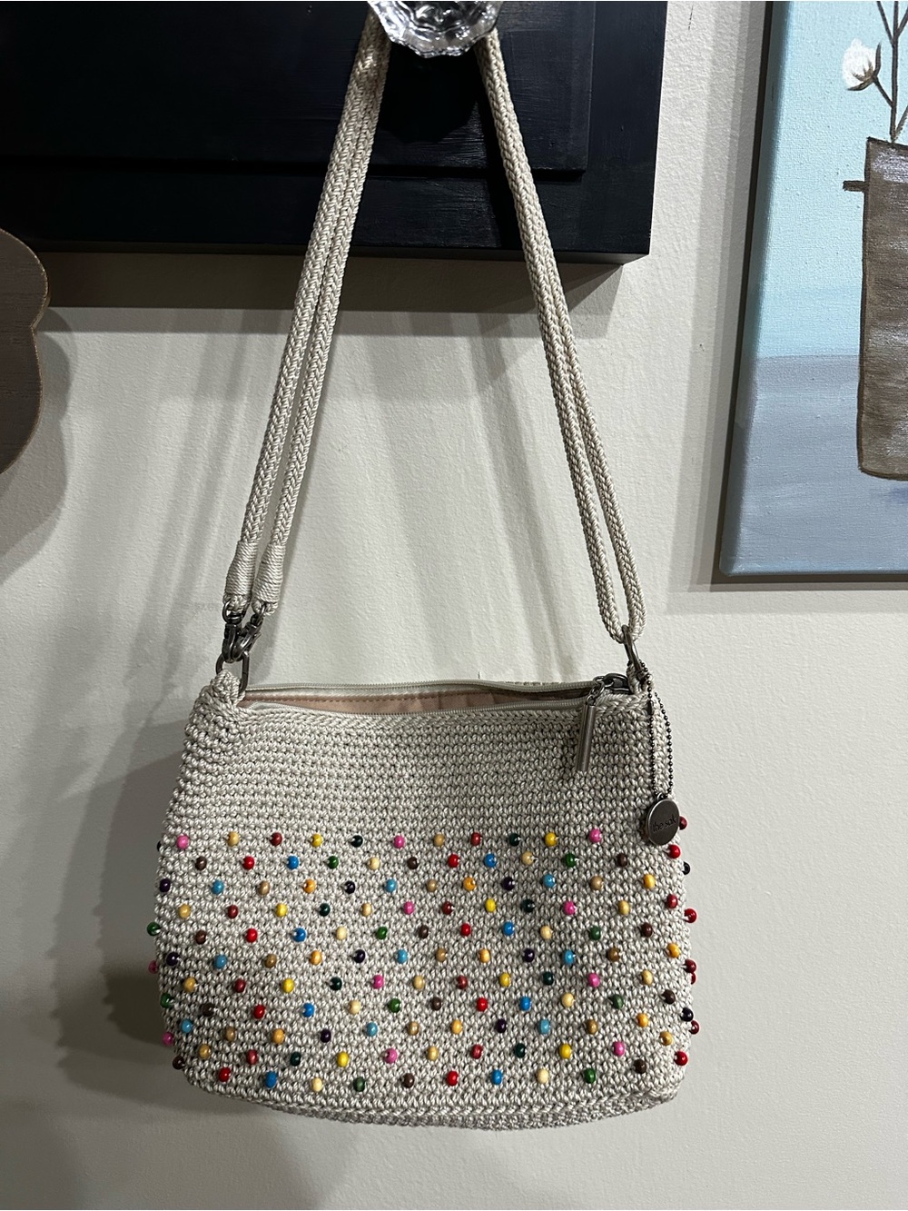 The Sak Beige Crochet Shoulder Bag with Multicolor Beads
